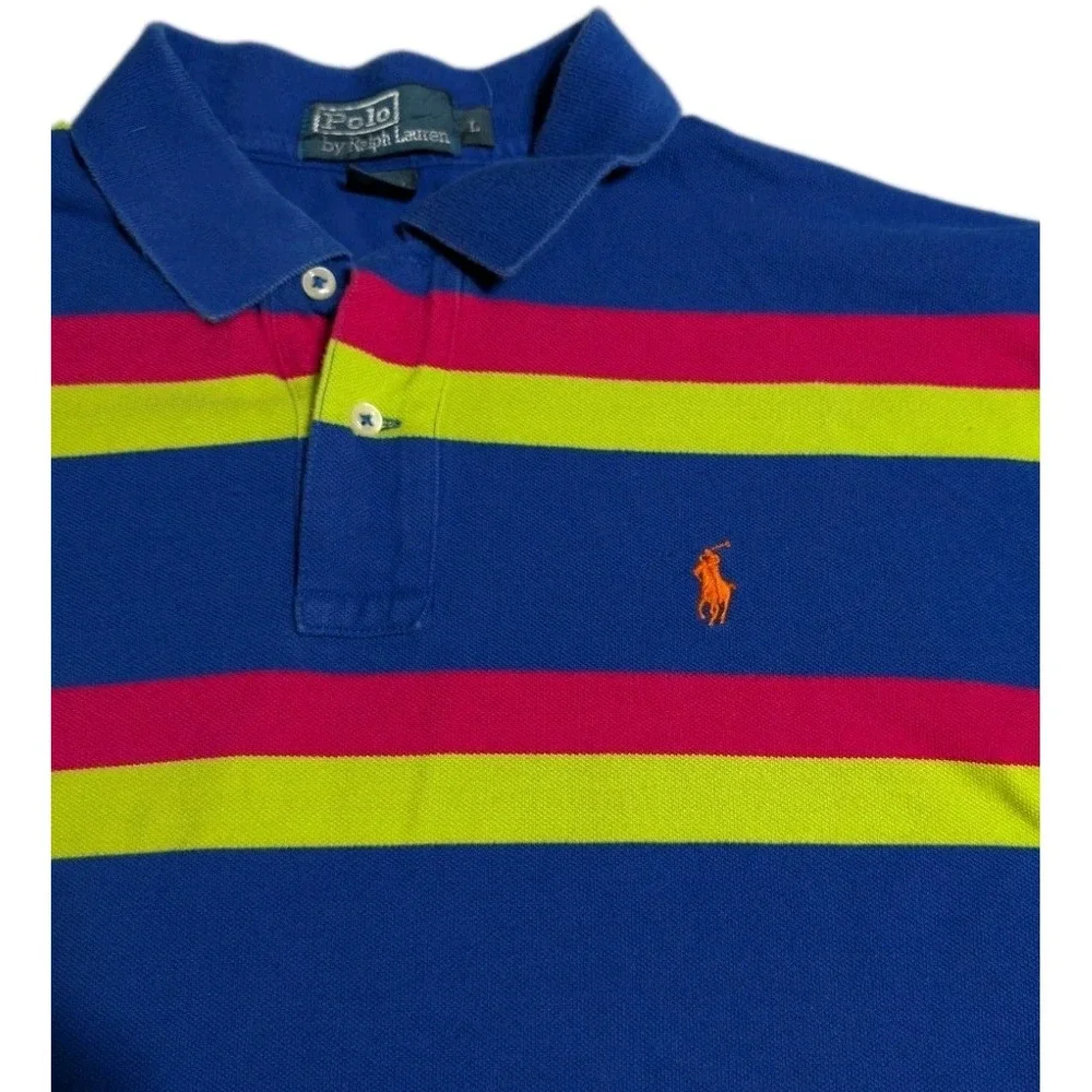 Polo Ralph Lauren Mens L Blue Neon Stripe Polo Shirt Pink Yellow Short Sleeve